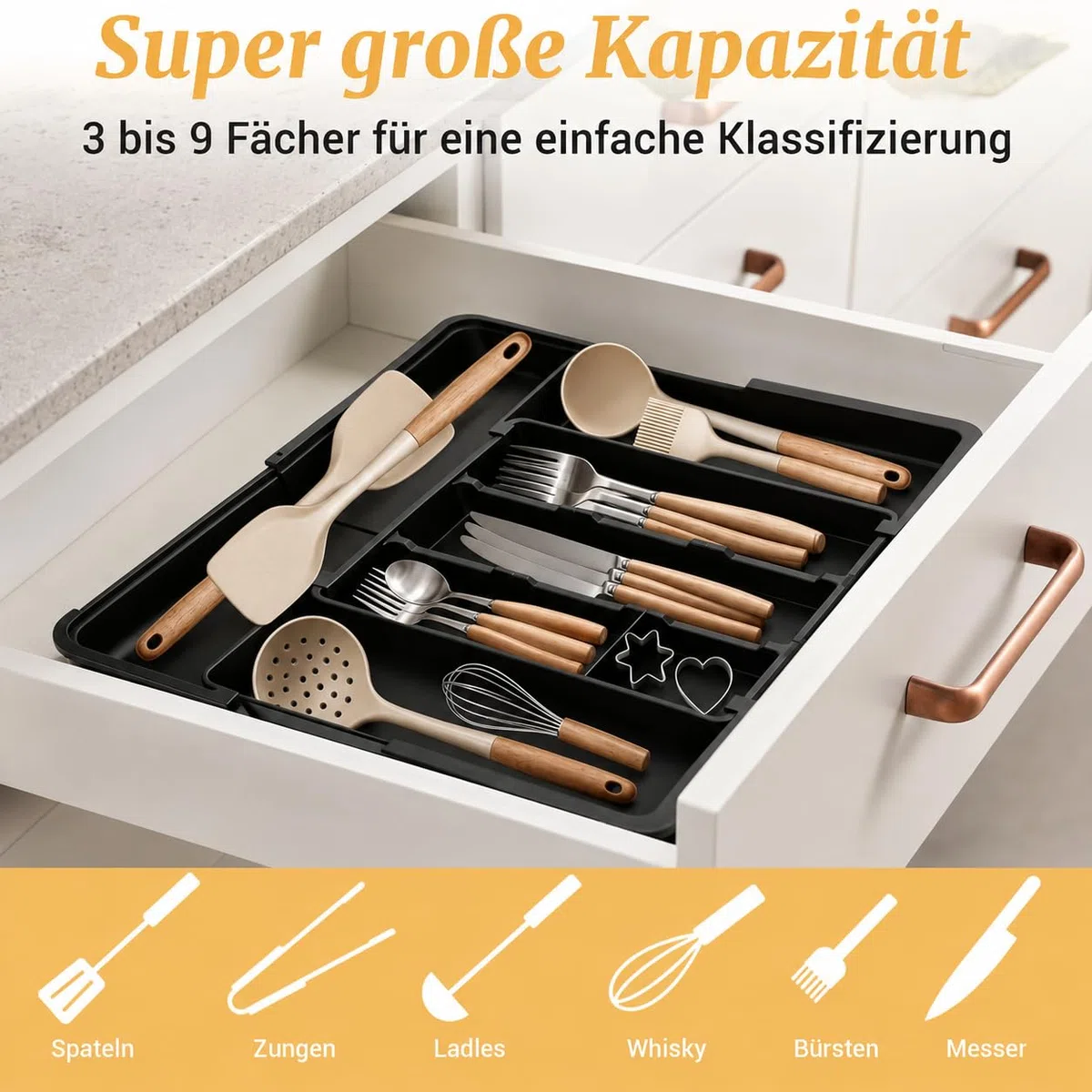 Besteckkasten für Schubladen, Besteckeinsatz Schubladen Organizer Küche, rutschfest & wasserdicht, BPA-frei,6 große Fächer platzsparend & erweiterbar 33.5*36.8 bis 48.2*55.8 cm, robust & hochwertig