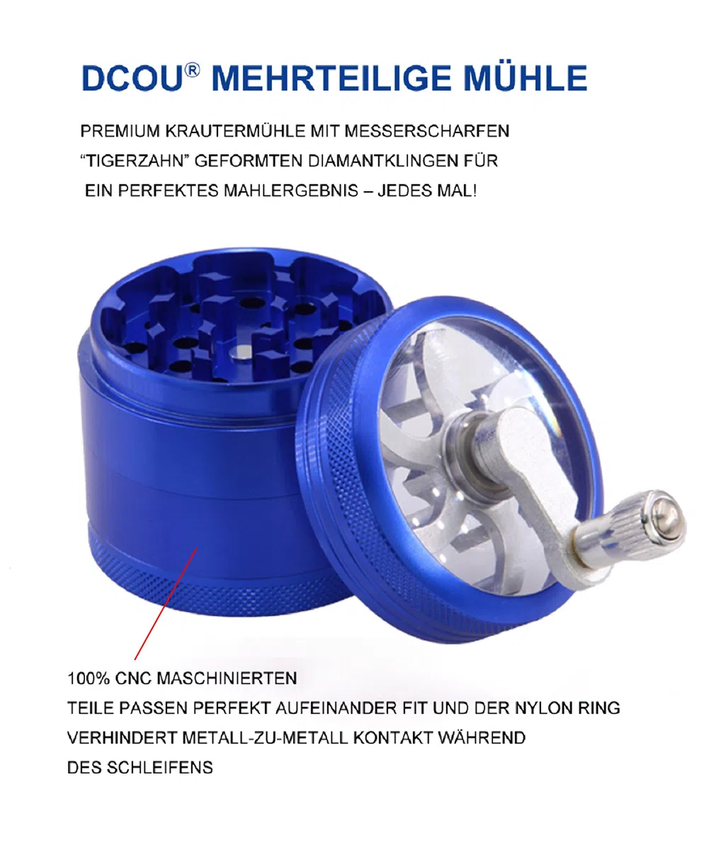 DCOU Handkurbel Premium Mühle unzerbrechlich CNC Aluminium Metall Mahler Schleifer 4 Teile Ø55mm