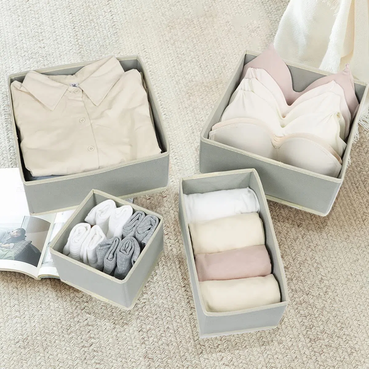 12 Stück Kleiderschrank Organizer, Schublade Organizer, Schrank Organizer, Schubladen Ordnungssystem, Faltbare Stoff Aufbewahrungsbox, 12er Unterwäsche Organizer Socken Organizer (Grau)