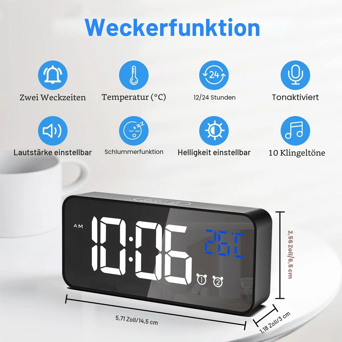 CHEREEKI Digitaler Wecker, LED Digitaluhr mit Temperaturanzeige Tragbarer Spiegelalarm Tischuhr mit 2 Alarmen 10 Alarmtöne USB Wiederaufladbar 4 Helligkeit und Lautstärke Regelbar, 12/24 Stunden