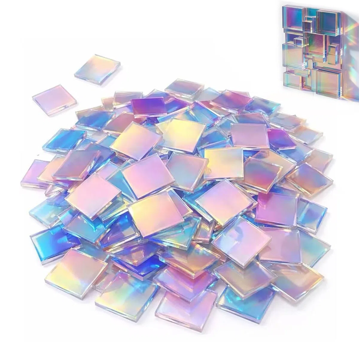 100PCS Acryl Mosaiksteine Zum Basteln,2*2CM Irisierende Acrylquadrate,Quadratische Schillerndes Buntglas,Mini Holografische Mosaikfliesen,Für Teller,Bilderrahmen,Blumentöpfe Und Mehr Dekoration,Kiuiom