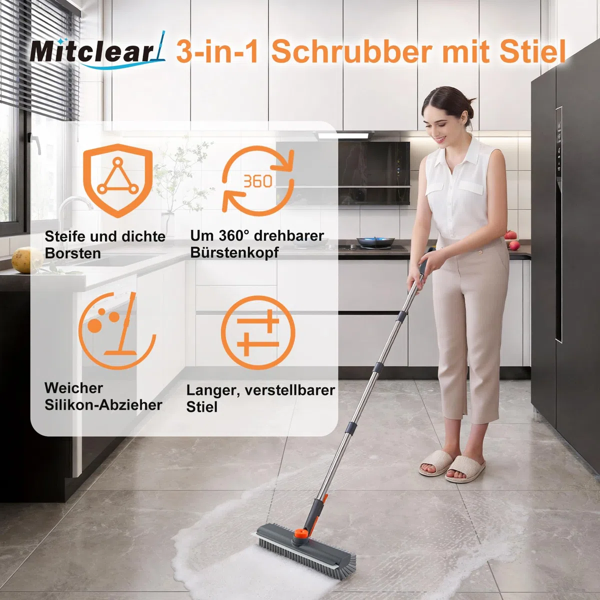 Mitclear Boden-Scheuerbürste mit Stiel(122cm), Schrubber Terrasse mit harten Borsten & Gummilippe, Terrassenreiniger, Scheuerbürste für die Reinigung von Fliesen, Dusche, Balkon, Bad, Garage, Küche