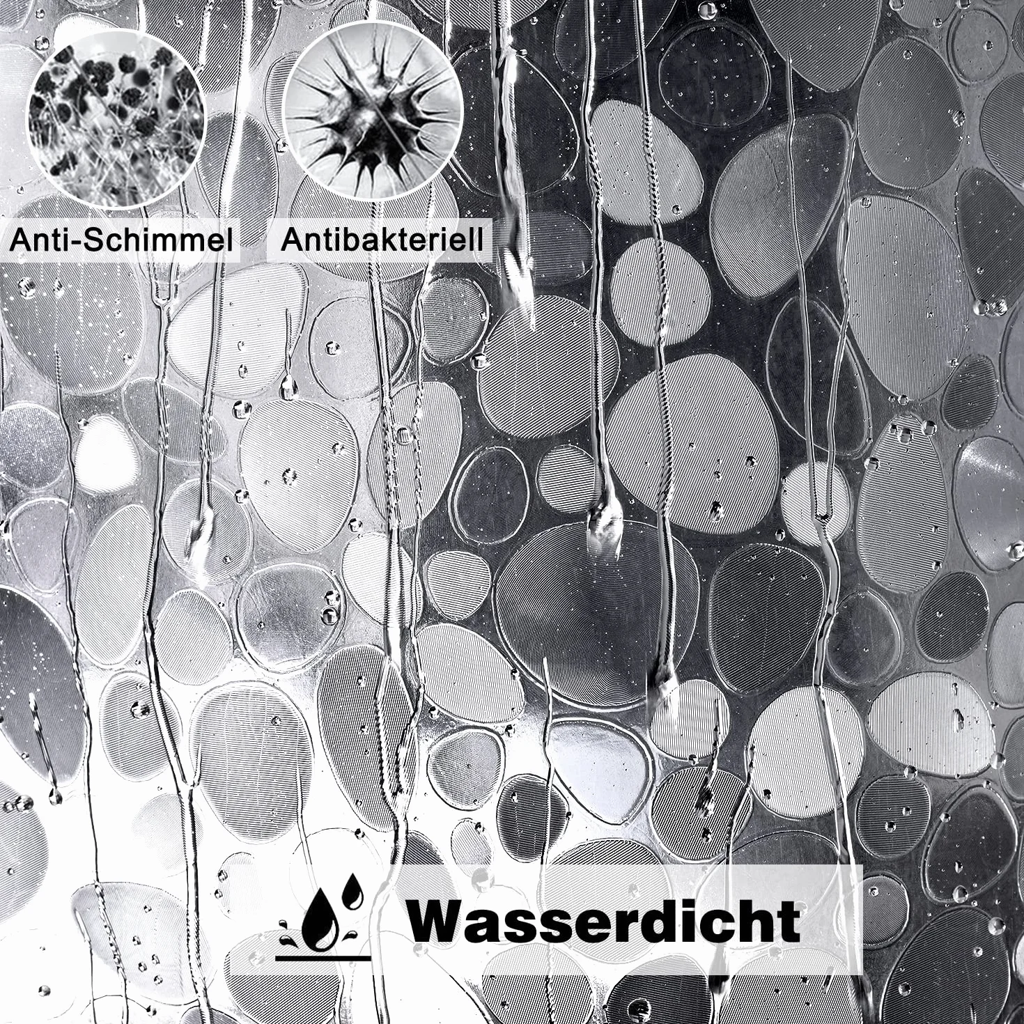 EurCross Antischimmel Duschvorhang 180x200 mit 3 Stärkere Magnete Unten,Transparent mit 3D Kieselsteinen Muster, Wasserdicht Eva Plastik Dusch Vorhang für Badewanne mit 12 Ringe