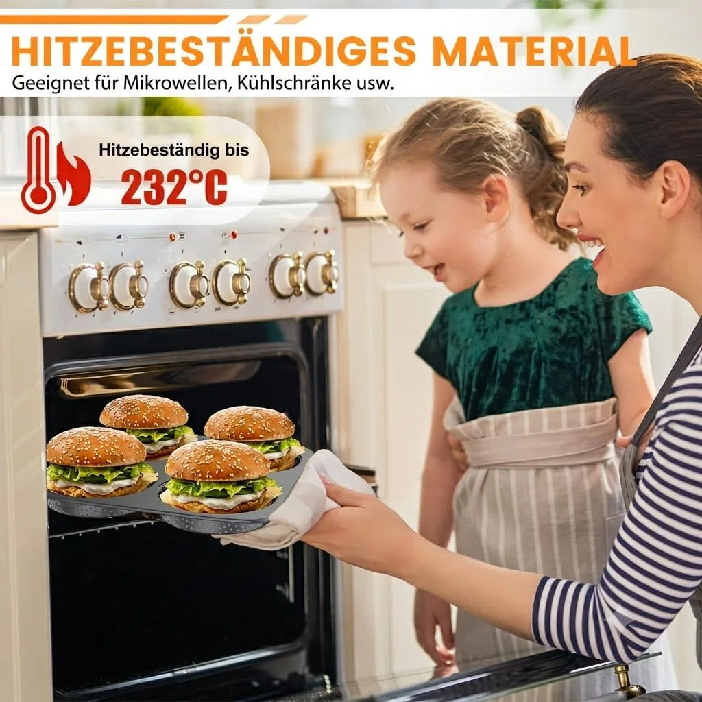 Burger Buns Backform, Perforierte Backform für 4 Burger Buns aus Karbonstahl, Brötchenblech Hitzebeständig bis 450°C, Perfekte Backergebnisse dank Antihaftbeschichtung, leicht zu reinigen