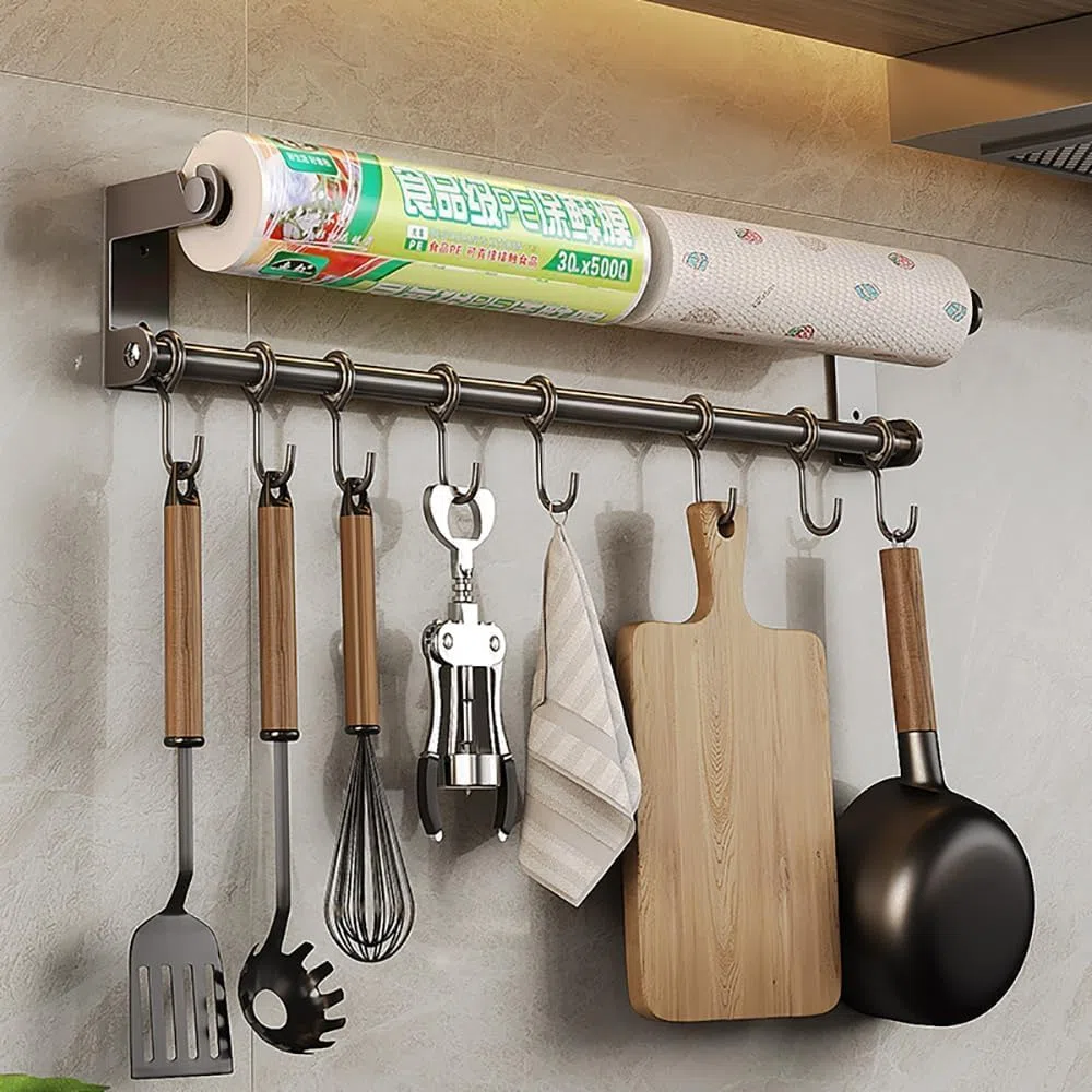 Hakenleiste Küche mit 8 Haken | Wandmontiert, 40 cm lang, Weltraumaluminium und Kohlenstoffstahl, Mit Messerhalter