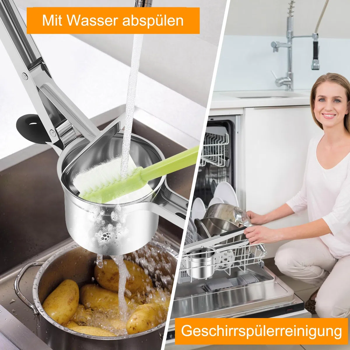 Kartoffelstampfer Edelstahl, Kartoffelpresse mit 4 Auswechselbaren Schneidplatten 3 Zubehörteile, zur Herstellung von Kartoffelpüree, Gemüsepürees, Säften Gemüsepressen, Spätzlepresse, Spülmaschine