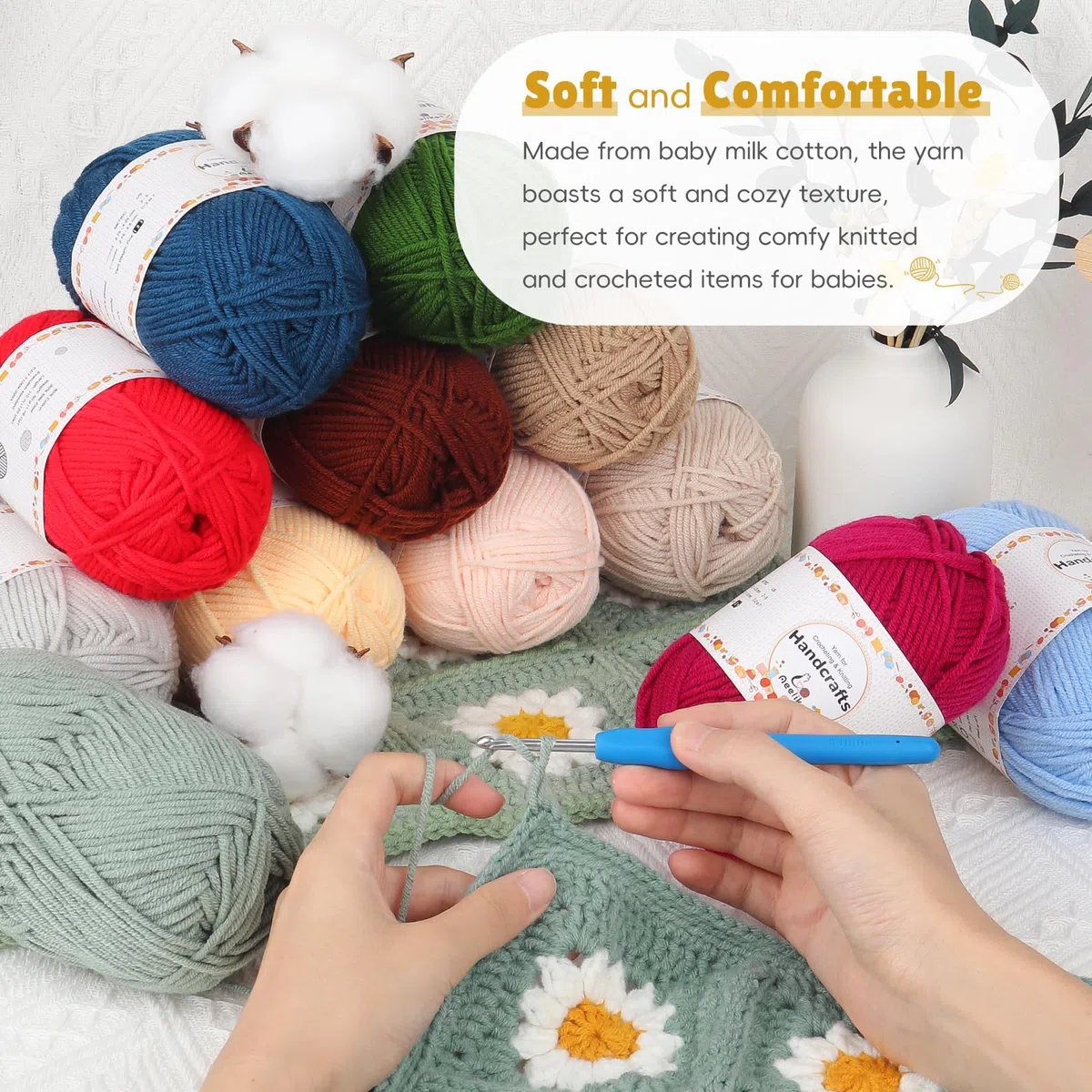 Aeelike 600g(12x50g) Acrylgarn Wolle zum Stricken, 5Ply Häkelwolle Baumwolle zum Häkeln, Cotton Yarn Strickwolle Set für Anfänger, Erfahrene Häkeler, Elegantes Grün