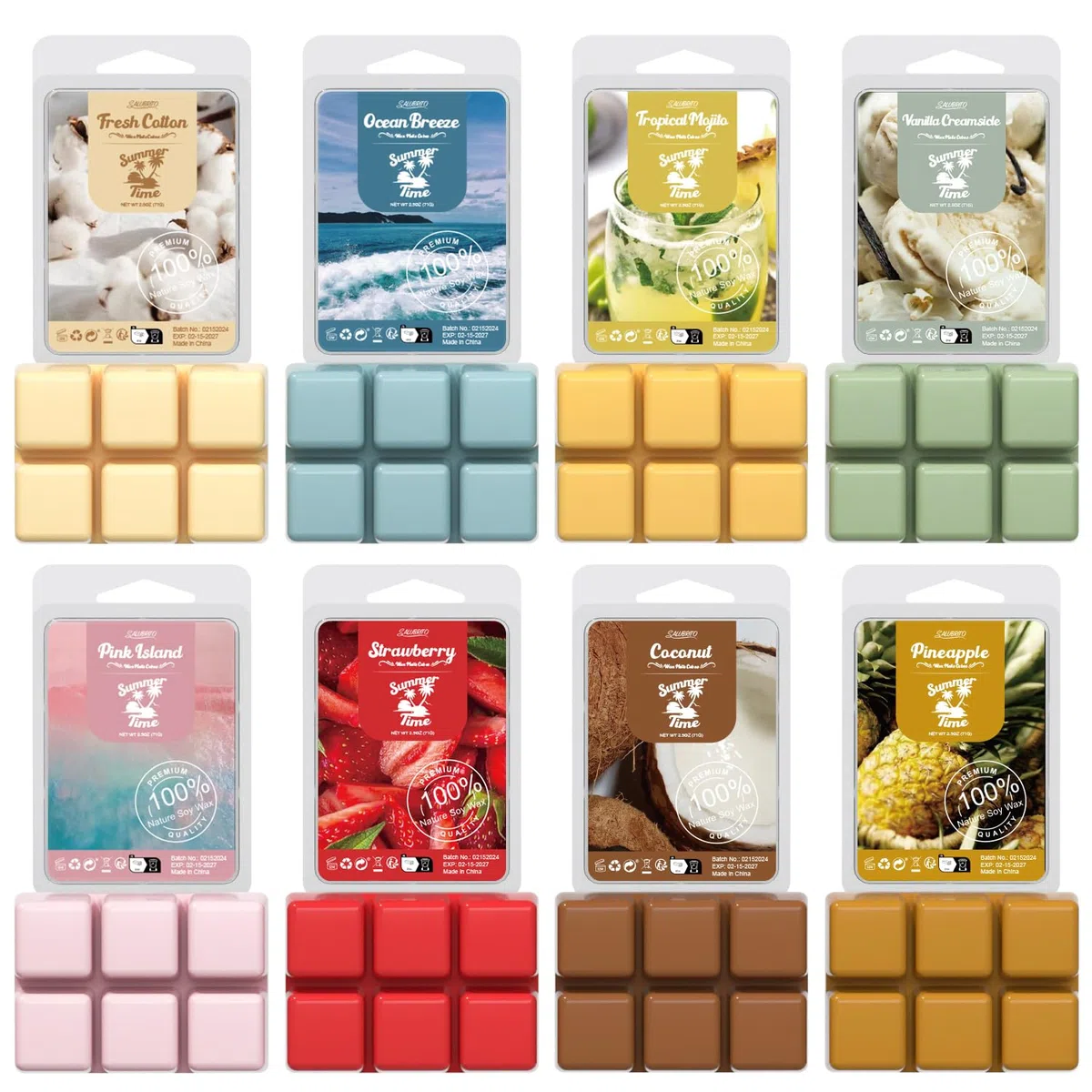 Salubrito Sommer Duftwachs für Duftlampe, Duftwachswürfel Wax Melts für Kerzen Wärmer, 100% Sojawachs Raumduft Duftkerze, Geschenk Set für Sommerferien, 8 Düfte