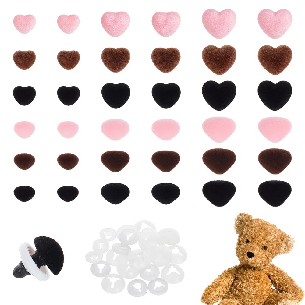 PH PandaHall 45 Stück Flockige Sicherheitsnasen 6 Größen Herz und Dreiecksnasen Rosa Schwarz Handwerks und Häkelnasen Braune Samtnasen für Stofftiere Mit Scheiben für Amigurumi Handwerk Häkeln