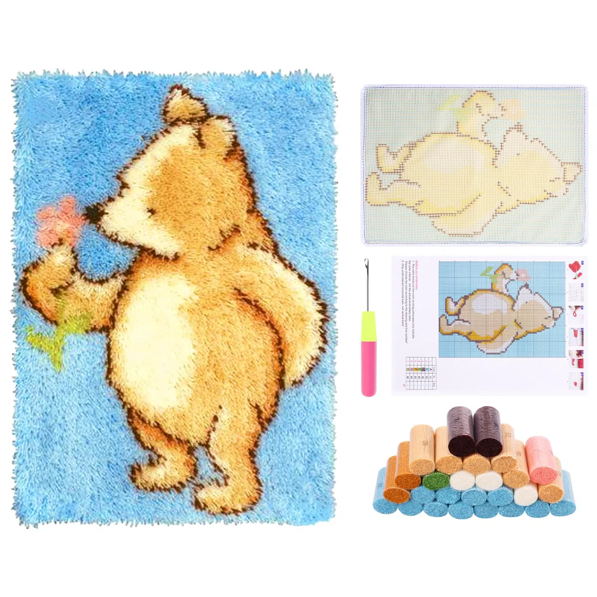 Knüpfteppich Set für Kinder,Anfänger und Erwachsene zum Selber Knüpfen,Latch Hook Kits mit Vordruck und Englische Lernprogramm,DIY Knüpfsets KreuzstichTeppich Set,52x38 cm(Honigbär)