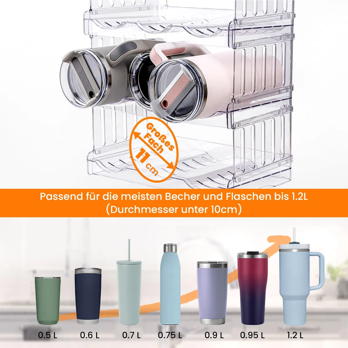 Gracenal Stapelbar Flaschenregal, Flaschenhalter für Küche Schrank Flaschen Organizer, Kühlschrank Getränke Organizer, 4 Schichten Stanley Cup Zubehör für 1,2L Flaschen