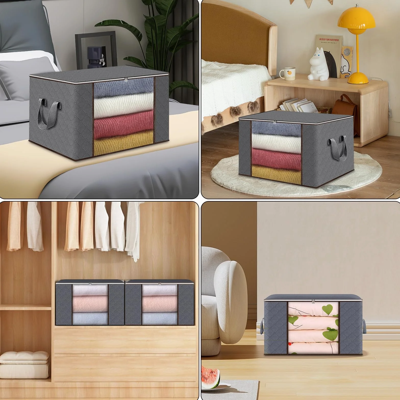 Collazoey 6 Stück Aufbewahrungstasche,90L Faltbare Aufbewahrung Boxen,Aufbewahrungsbehälter zum Organisieren von Schlafzimmer, Kleiderschrank, Kleidung, Steppdecken, mit Deckel und Griff, grau