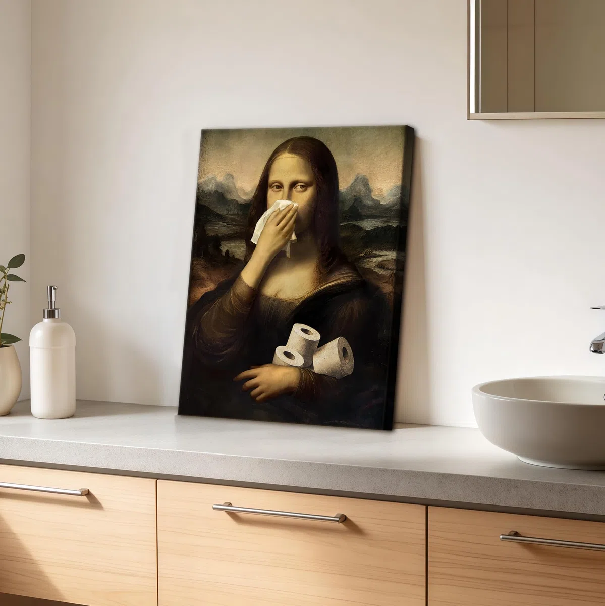 Lustiges Mona Lisa Leinwand Bilder Mit Rahmen, Mona Lisa mit Klopapier und Nase-zu-Geste Bild Auf Leinwand Wandbilder, Vintage Ironische Wanddeko für Toilette, Gäste, WC oder Badezimmer 30X40cm