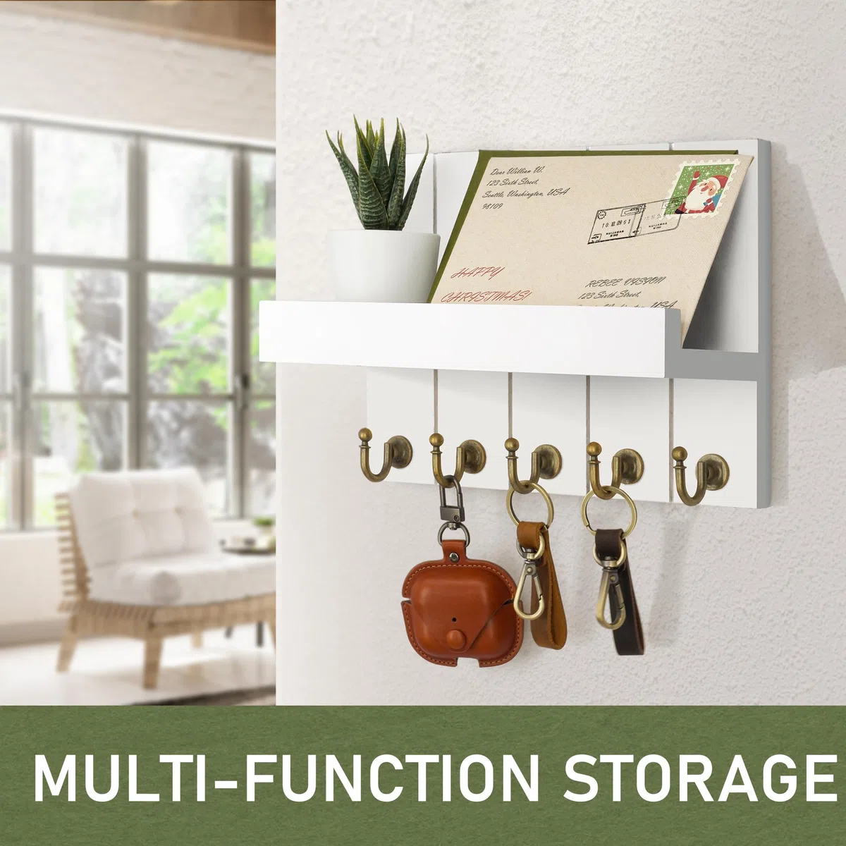 Rebee Vision Schlüsselhalter für die Wand – dekorativer Post-Organizer Wandhalterung mit 5 Schlüsselhaken für Bauernhaus Wohnung Essentials – Heimdekoration für Wohnzimmer (Rustikweiß)
