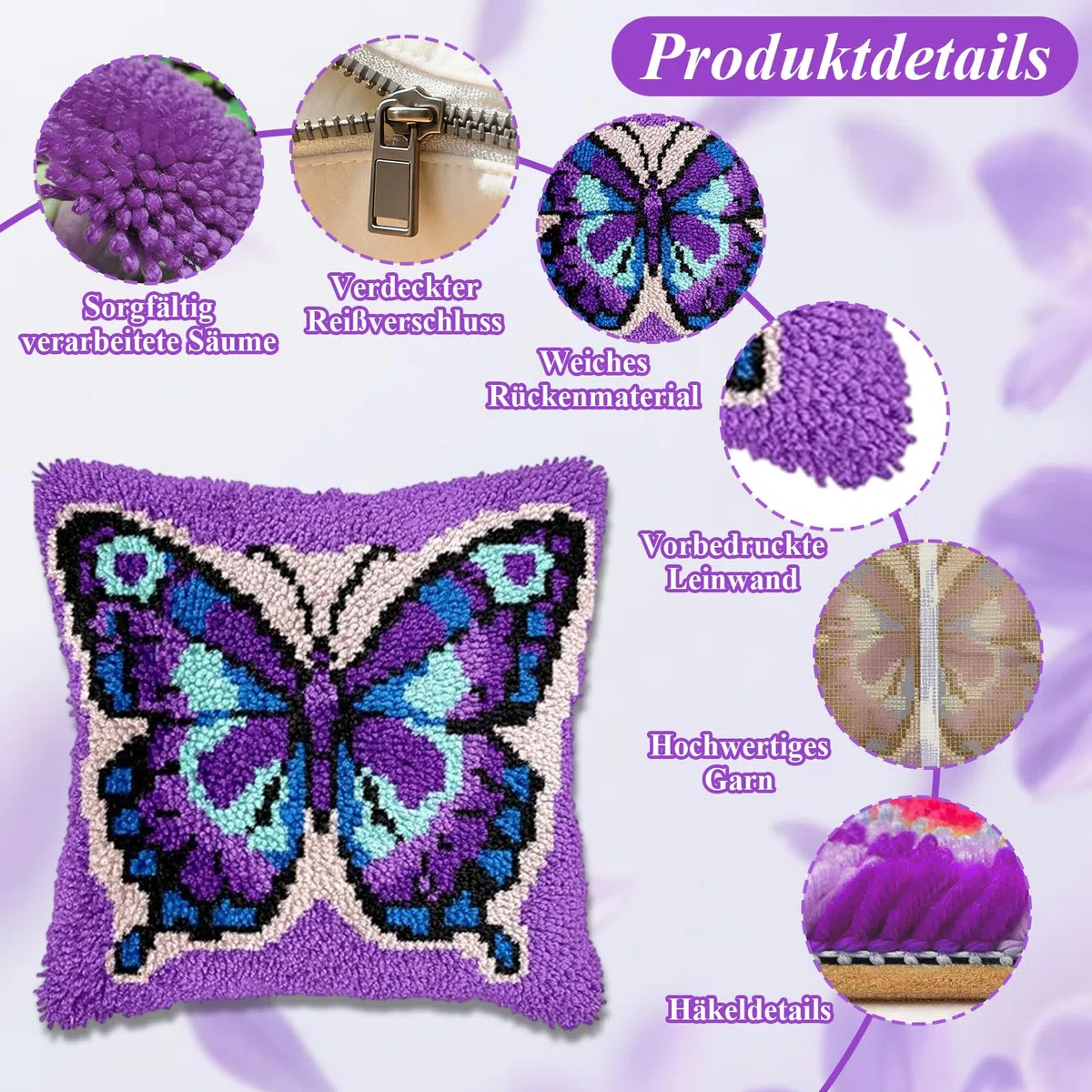 Komergave Knüpfen Set 43x43cm, Knüpfkissen mit Schmetterling Motiv, Knüpfteppich zum Selber Knüpfen für Erwachsene und Kinder, DIY Gehäkelter Kissenbezug für Wohndekoration