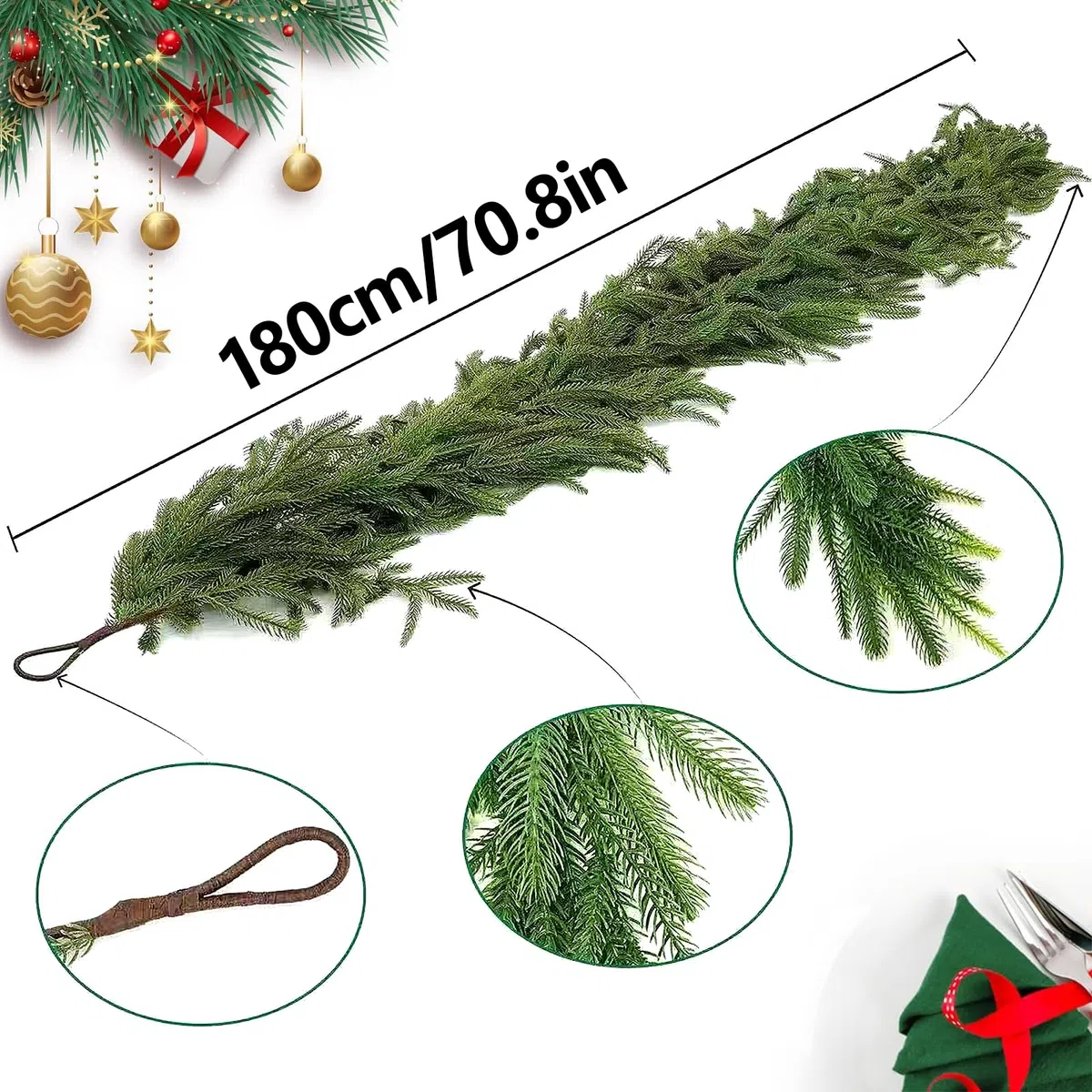Weihnachtsgirlande - Naturgetreue Tannengirlande, Künstliche Tannenzweige,180cm Grün, Norfolk Weihnachtskranz,Perfekt für Weihnachtsdeko Innen und Außen, Treppengeländer & Türrahmen