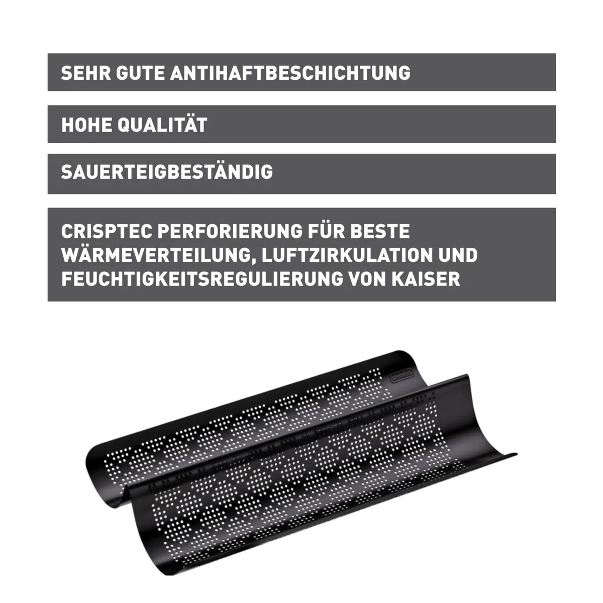 Original Kaiser Inspiration Baguette Backblech perforiert 40,5 x 20cm, Baguette Backform für 2 Baguettes, Baguetteform antihaftbeschichtet, sauerteigbeständig, Schwarz