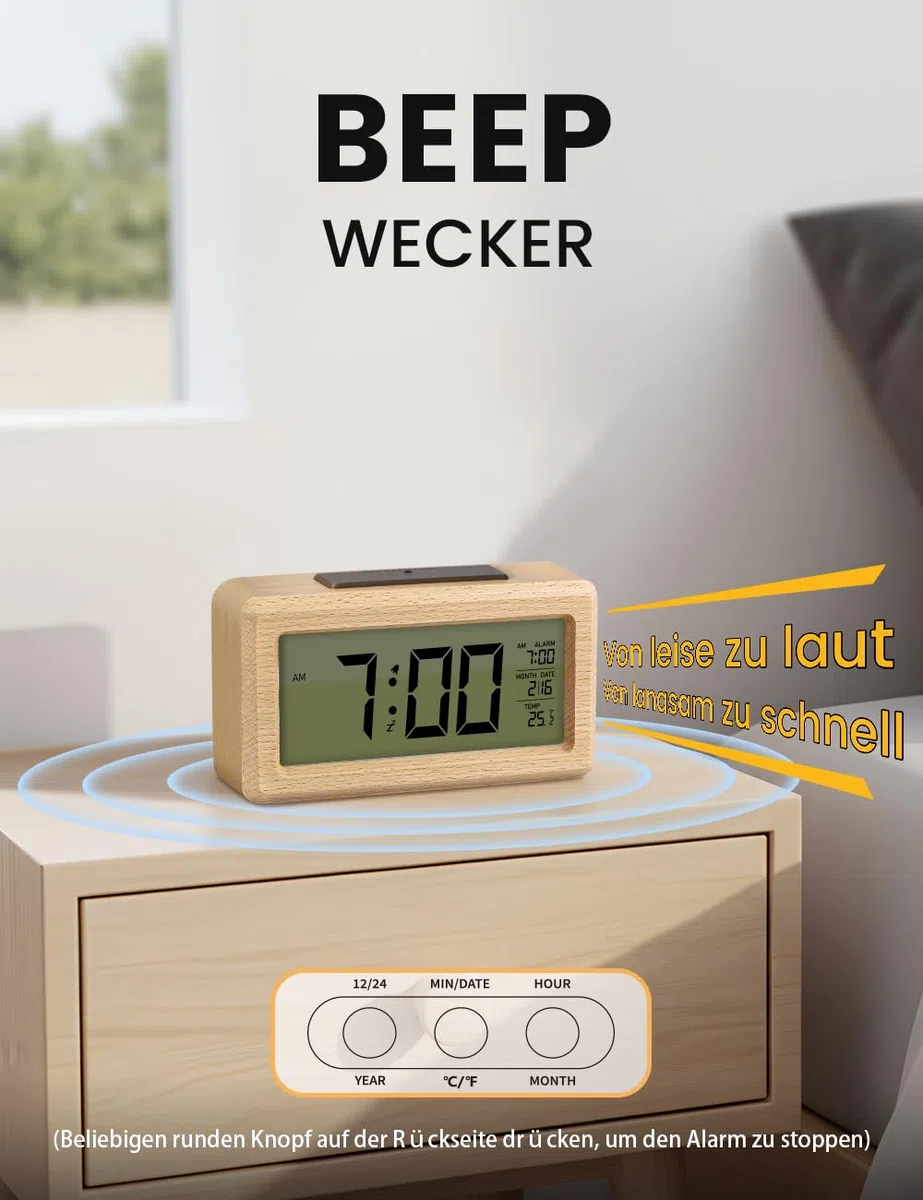 aboveClock Wecker Digital, Holz mit Sensore Moduls, Tischuhr mit Großer Anzeige, Datum, Teperatur Anzeige, Nachtlicht, Digital Uhr mit Snooze Moduls (Batterie Nicht Enthalten)