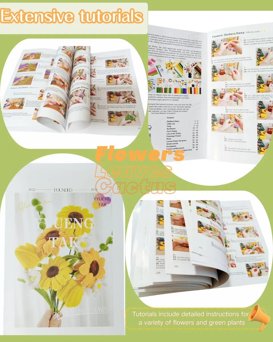 500 Stück Pfeifenreiniger Blumen Set(6 Farben),Pfeifenputzer zum Basteln Blumen,pipe cleaners flower,mit Anweisungen,pompons,20 Stück Blumendraht,2 verschiedene Staubblatt,Klebeband