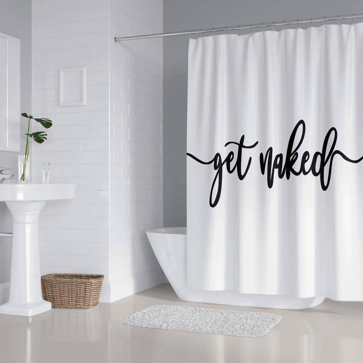 Zengmei Get Naked Duschvorhang-Set, 178 x 177 cm, lustiges Zitat, langlebig, wasserdicht, Polyester, Duschvorhang für Badezimmer, Badedekoration, Stoff + 12 Haken (weiß)