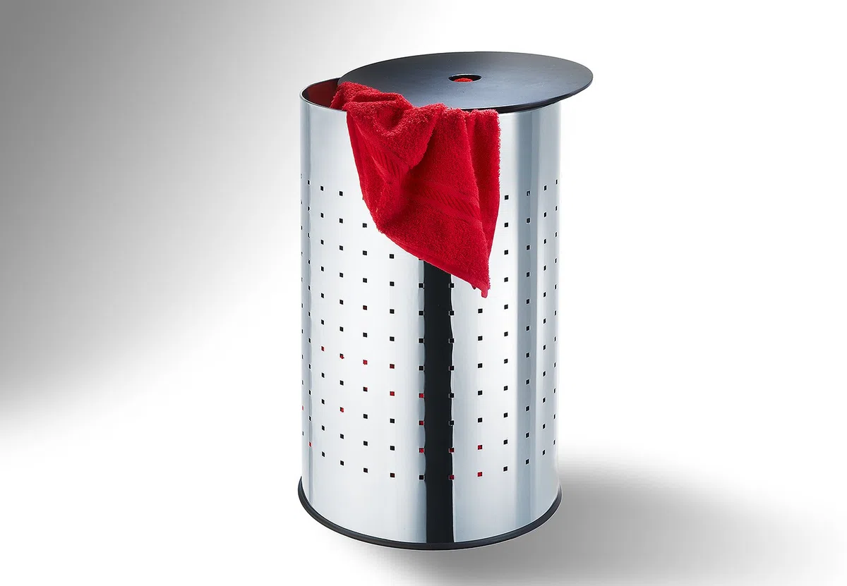 Kobolo Wäschebehälter Chrom, robuster Wäschesammler, Wäschebox mit Deckel, 55L, rund, Edelstahl mit Luftlöchern, modernes Design für Badezimmer & Schlafzimmer