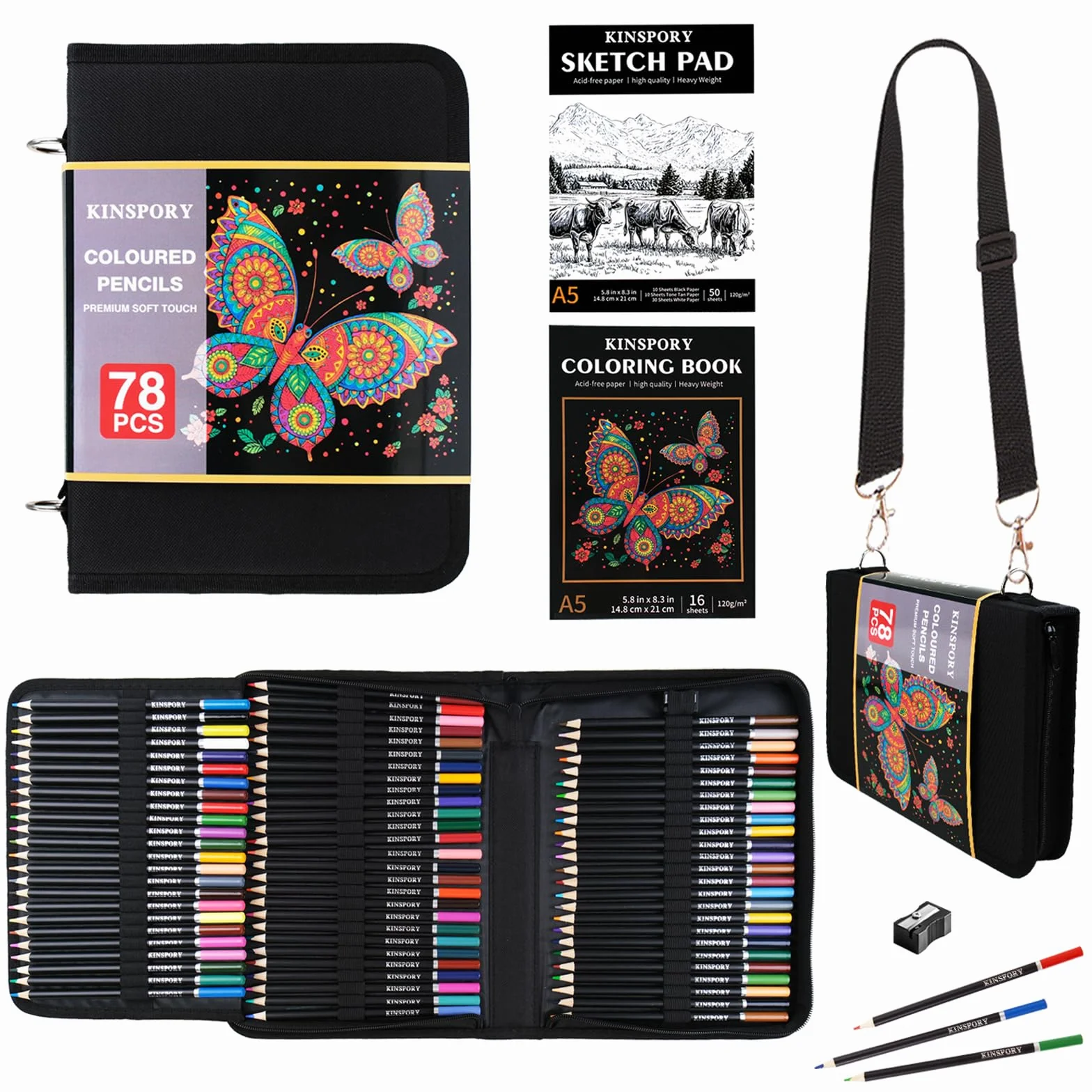 KINSPORY 78-teilige Buntstifte Set mit 3,0 mm weichen Minen, 50-blatt 3-farbiges Skizzenbuch, Farbstifte mit verstellbarem Schultergurt - Geschenk für Erwachsene Anfänger Teenager Mädchen Jungen