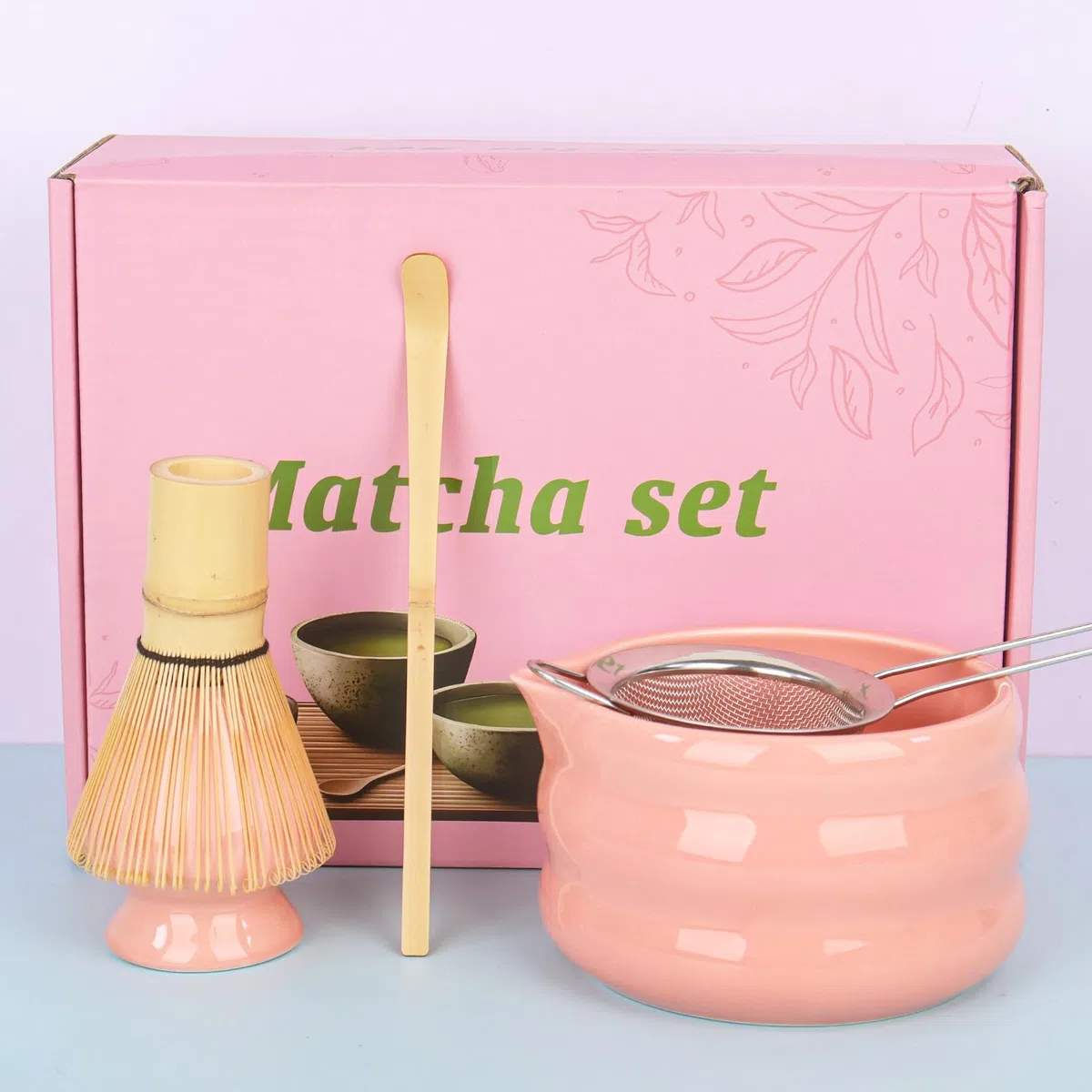 5er Set Matcha Set mit Matcha Besen und Schale Sieb, Matcha Besen set Matcha Zubehör(Rosa)