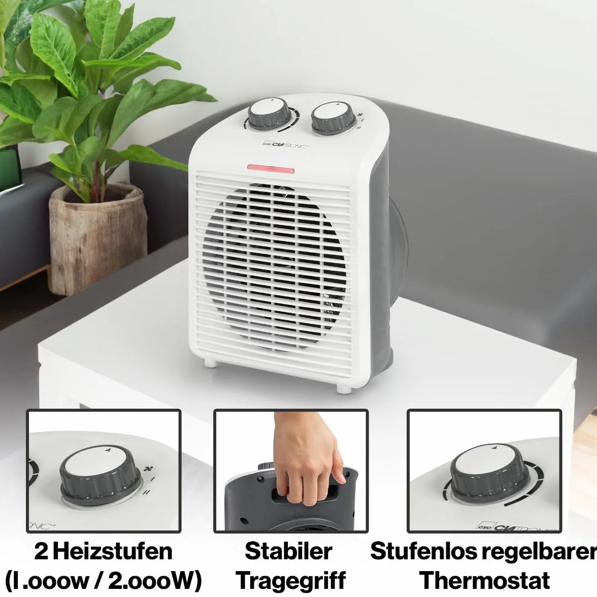 Clatronic Heizlüfter HL 3761, mobiler & kompakter Heizlüfter, 2 Heizstufen (1000/2000 W), Kaltstufe (Ventilator), stabiler Tragegriff, Grau-weiß, 263951