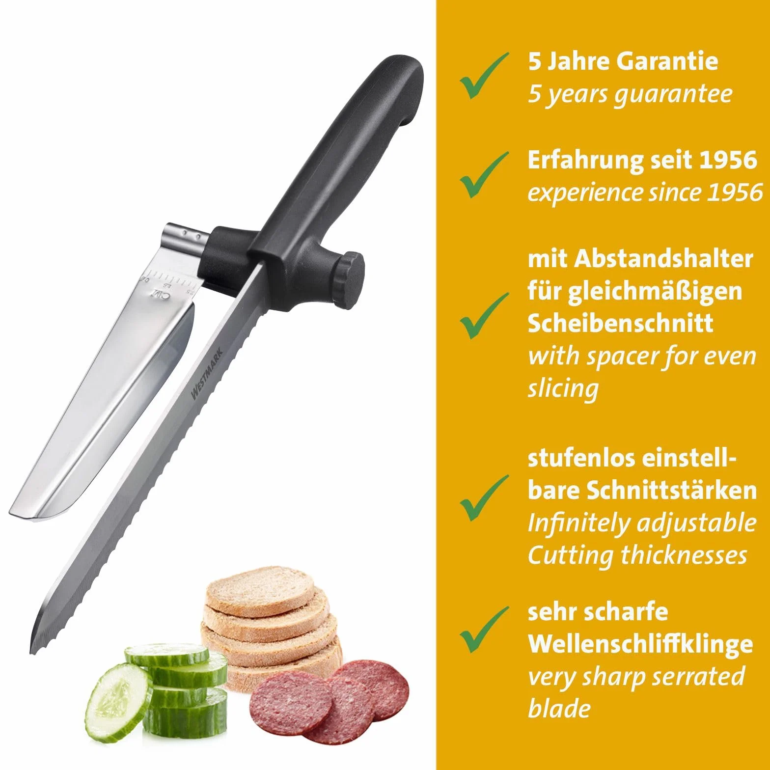 Westmark Multi-Messer So Clever – Küchenmesser mit Abstandshalter, scharfes Brotmesser, Allzweck-Messer für Aufschnitt, Gemüse und andere Lebensmittel – Edelstahl-Klinge, BPA-frei