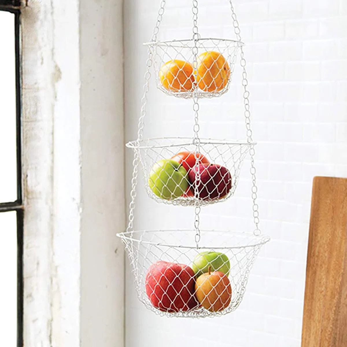 LxwSin 3-stufiger Hängend Obstkorb, Hängekörbe für Obst, Küchen Obst Hängekorb aus Metall, Korb Aufbewahrung Organizer Obstschale Hängend für Obst, Gemüse, Pflanzen, Individuell Einstellbar, Silber