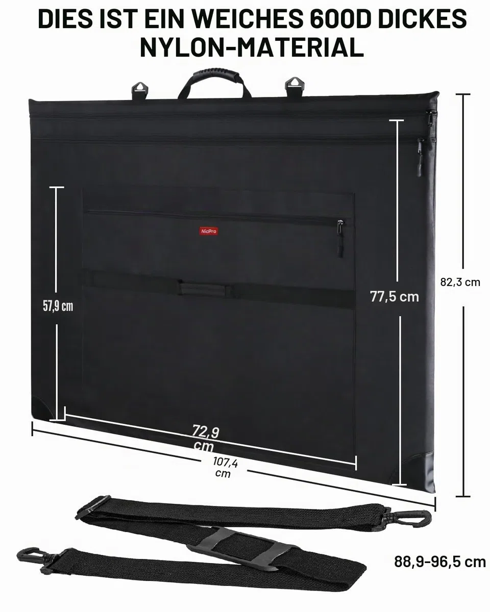 Nicpro Leichte Kunst Portfolio Tasche, Schwarze Leinwand Zeichenbrett Tasche mit Abnehmbarem Schultergurt, Zeichentasche für Kunstwerke, Poster, Skizzieren und Zeichnen