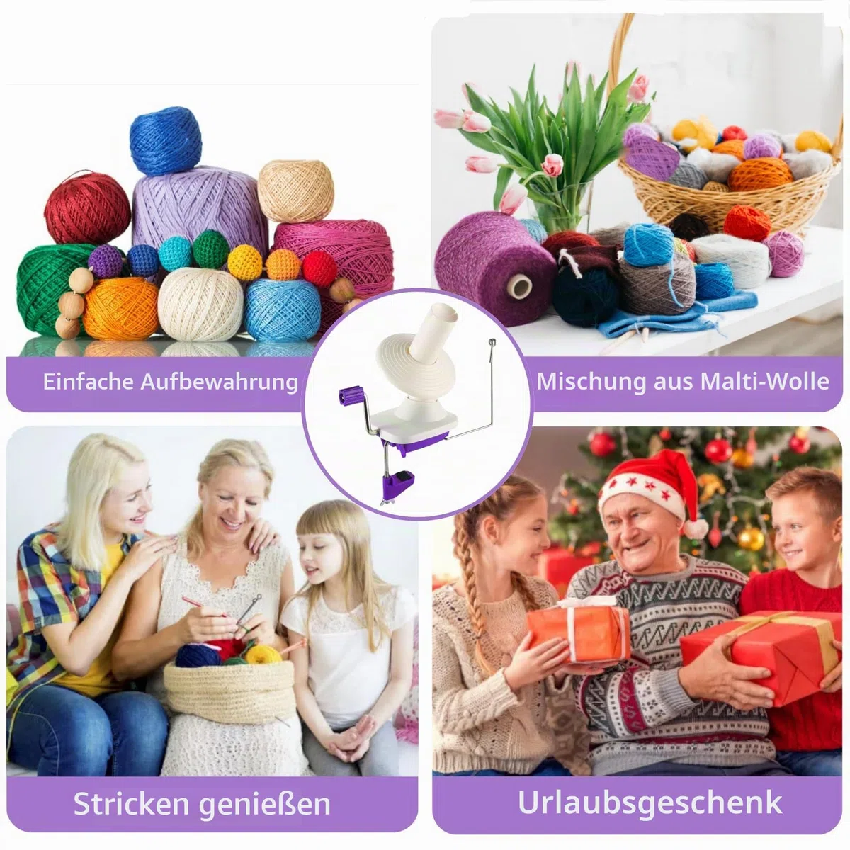 Garnkugelwickler, violette Handwickler für Garn, Garnwickler mit einfacher Installation zur Garnaufbewahrung, 2 verstellbare Strickschlaufen, 10 Stricknadeln + 10 Kunststoffnadeln