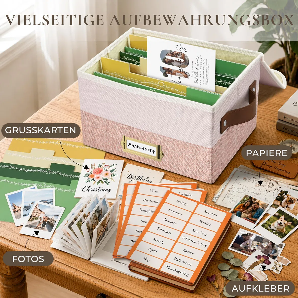 Vienrose Grußkarten Aufbewahrungsbox, Faltbare Veranstalter mit 20 Trennwänden 84 selbstklebenden Etiketten, Kartenbox für Grußkarten, Fotos, Briefumschläge, Aufkleber, Postkarten, Hellrosa & Lotus