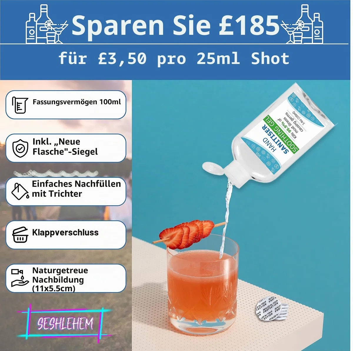 7er-Pack Geheimflaschen-Set – Sonnencreme + Handdesinfektionsmittel + Beutel – 1330 ml – Trinkbeutel für Festivals – Schleichen Sie Alkohol überall – in Großbritannien ansässige Marke