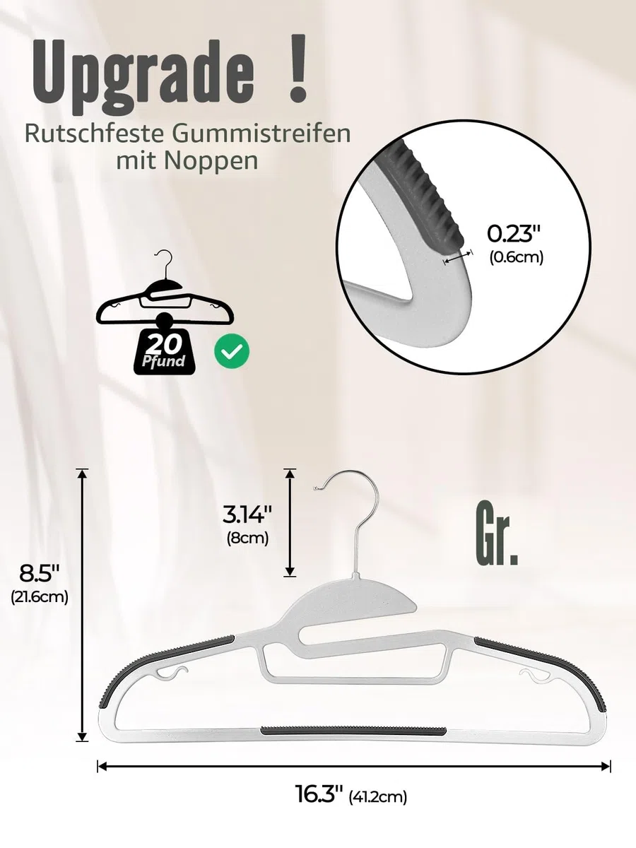 HOUSE DAY 20 Stück Kleiderbügel Kunststoff - Nass und Trocken Rutschfester Kleiderbügel Platzsparend Kunststoff Strapazierfähig 360°Haken Kleiderbügel Plastik（Grau/mit schwarz Gummistab）