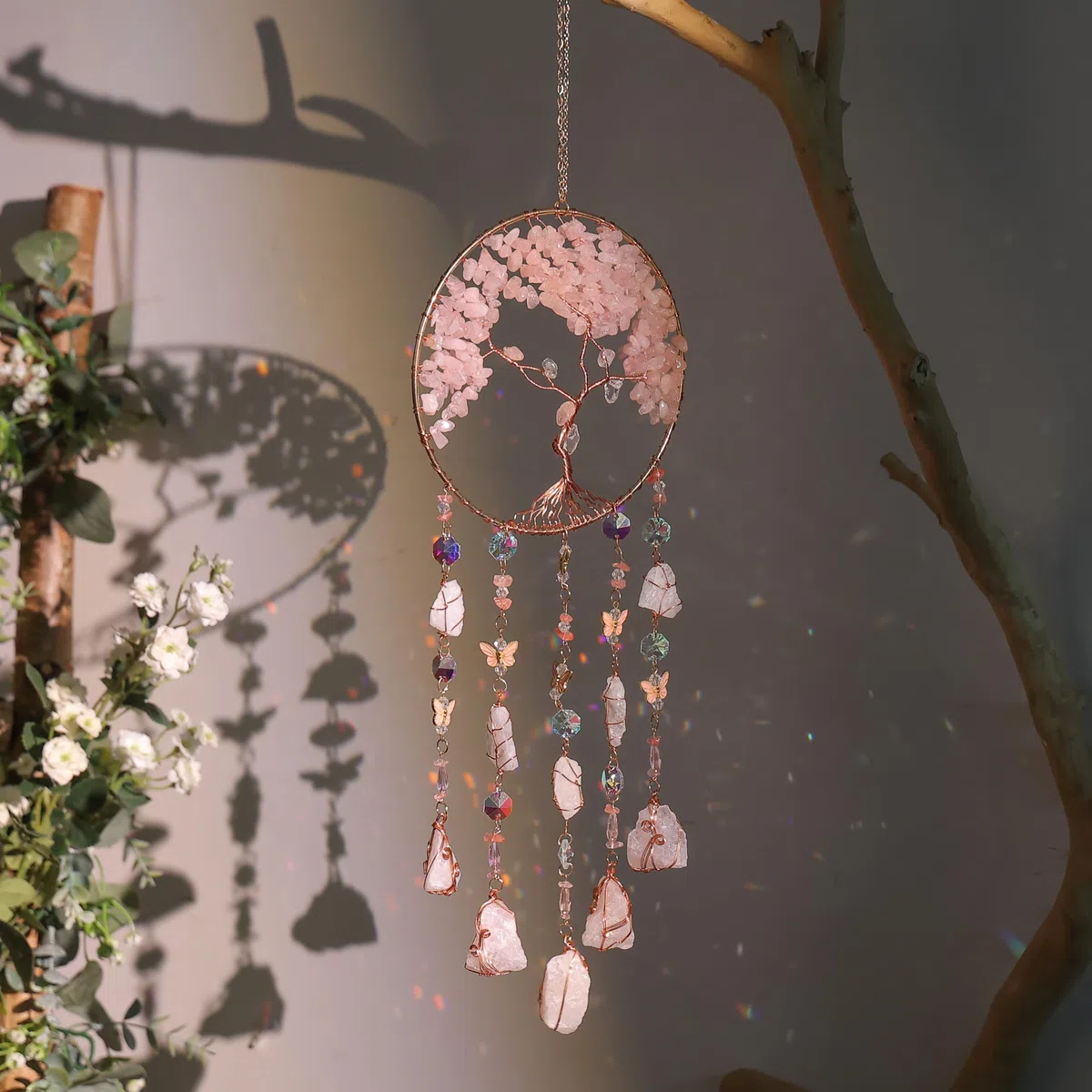 Traumfänger Craft Ornament mit Kristall Achat Farbe Natürlicher Edelstein Achat Wandhänge Zimmer Garten Xmas Hochzeit Dekor (Pink Qingcheng)