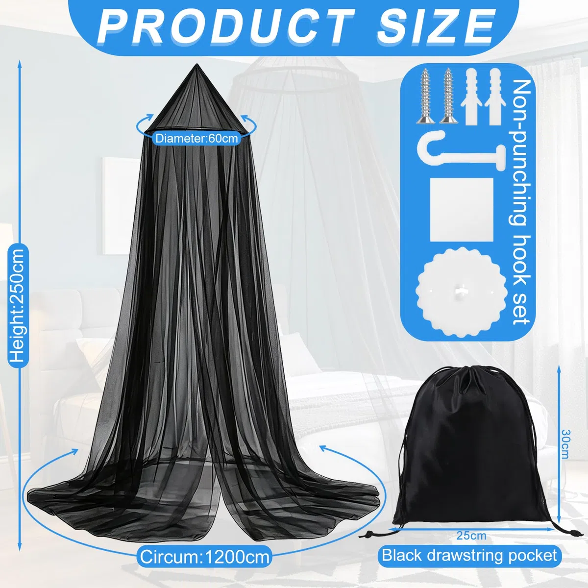 Großes Moskitonetz Bett Netz 60x250x1200cm Schwarz Reise Betthimmel Moskitonetz für Doppelbett Feinmaschiges mit Aufbewahrungstasche Vorhänge Anti Insektenschutz mit Klebehaken (Schwarz)