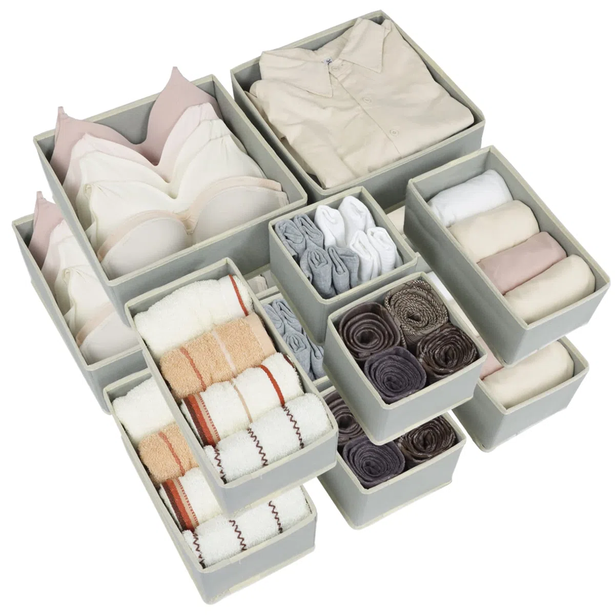 12 Stück Kleiderschrank Organizer, Schublade Organizer, Schrank Organizer, Schubladen Ordnungssystem, Faltbare Stoff Aufbewahrungsbox, 12er Unterwäsche Organizer Socken Organizer (Grau)