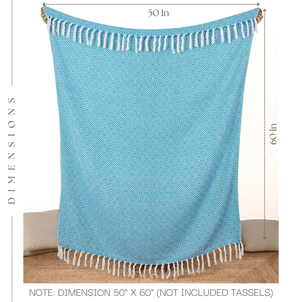 Karibisches Meeresblau-Überwurfdecke mit Boho-Quaste 127 x 152 cm, superweich Baumwolle, warm, dekorativer Bauernhaus-Überwurf für Sofa, Stühle und Couch