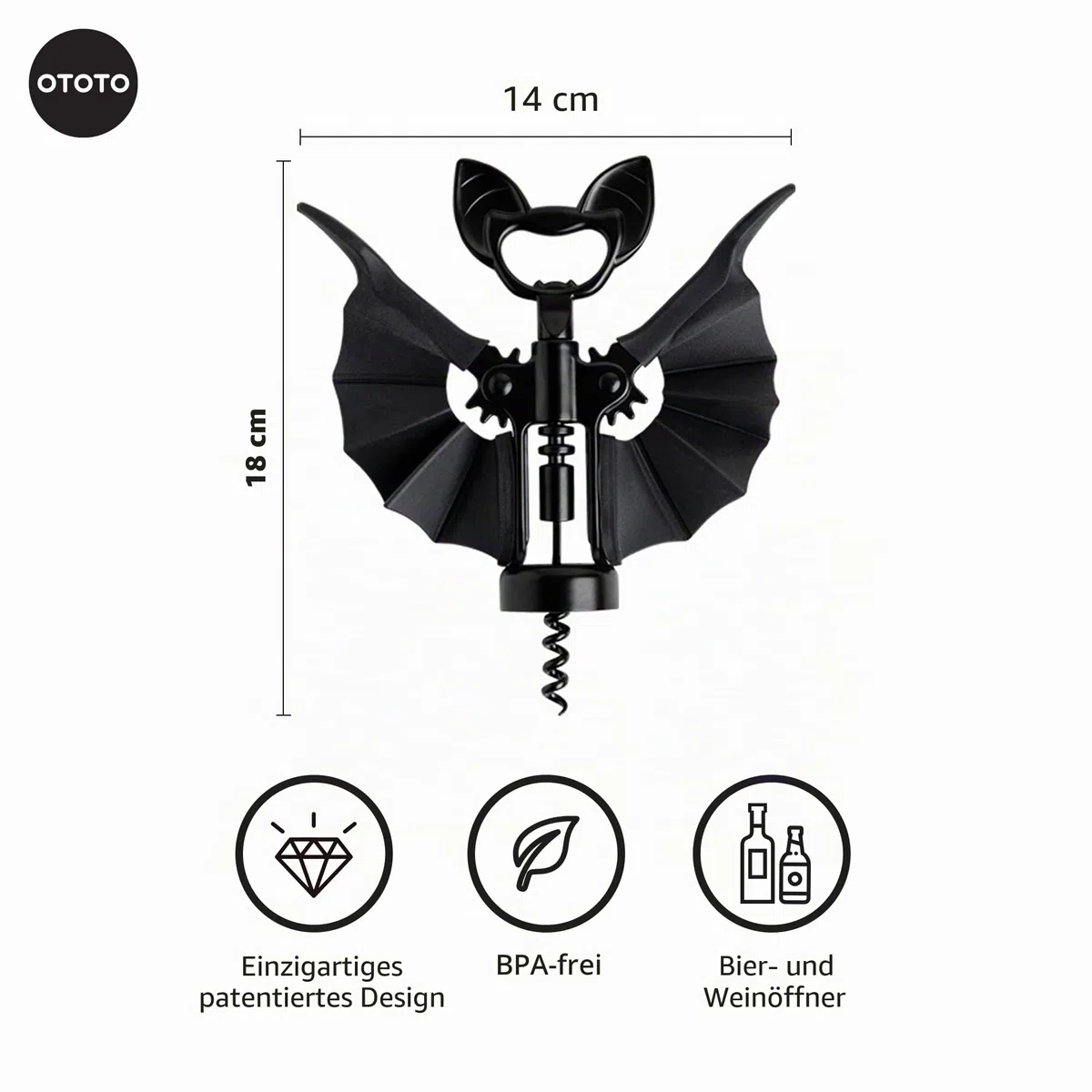 OTOTO 2-in-1 Korkenzieher, Goth Halloween Wein Geschenke, Gothic Küchenhelfer, Flaschenöffner Lustig Spooky, Flaschenverschluss (Vino Fledermaus)