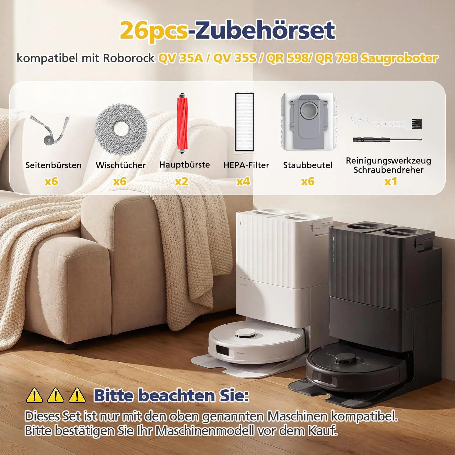 26 Stück QV 35A Zubehör für Roborock QV 35A/QV 35S / Qrevo S Pro/ QR598 / QR798 Saugroboter, 2 Hauptbürste, 6 Wischpads, 6 Staubbeutel,4 HEPA-Filter, 6 Seitenbürsten,1 Reinigungsbürste