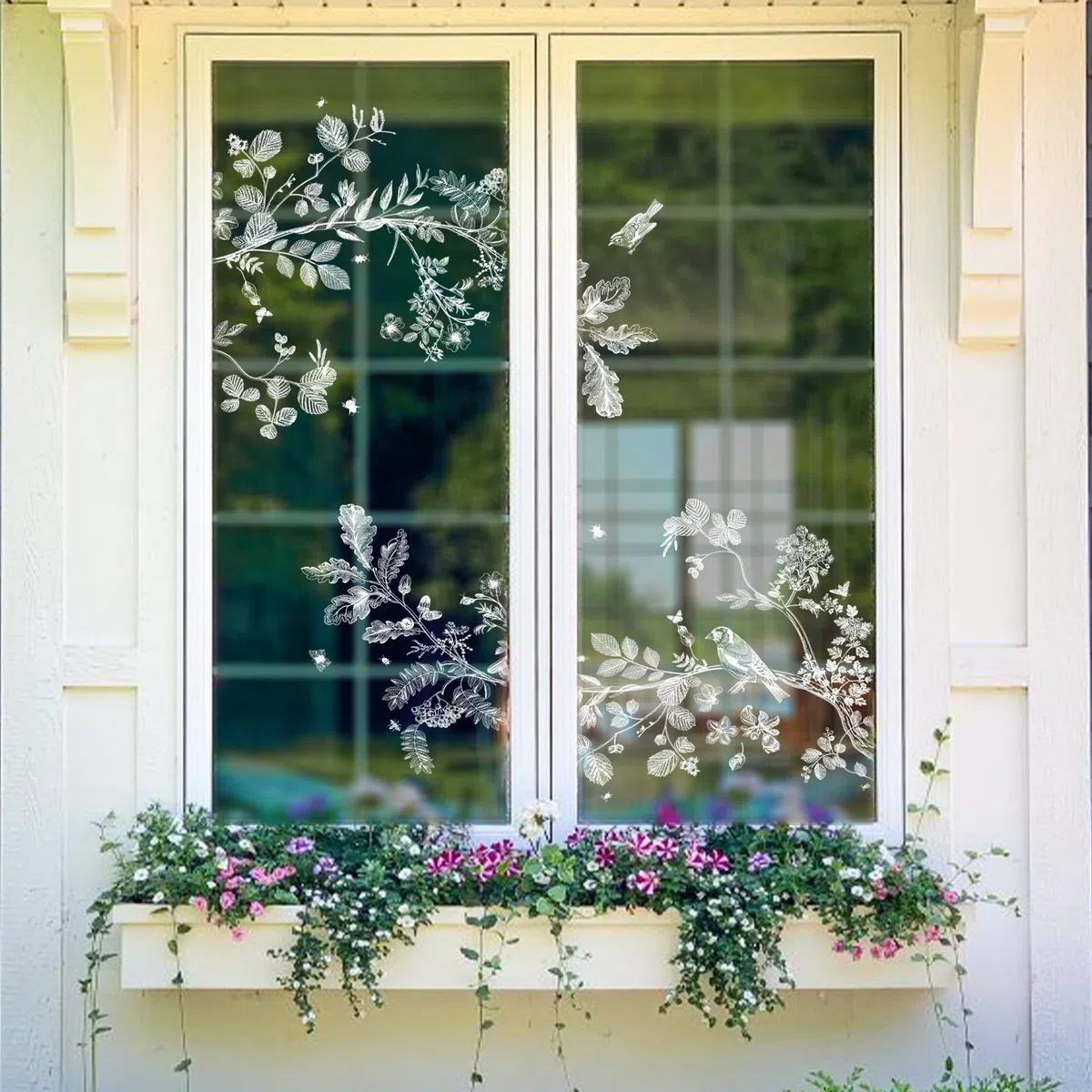 Neukids Vögel Fenstersticker, Weiß Blumen Zweig Vögel Fenster Aufkleber, Pflanzen Fensterbild Aufkleber für Wohnzimmer Schlafzimmer Küche Bad Büros Glastüren Fensterdeko