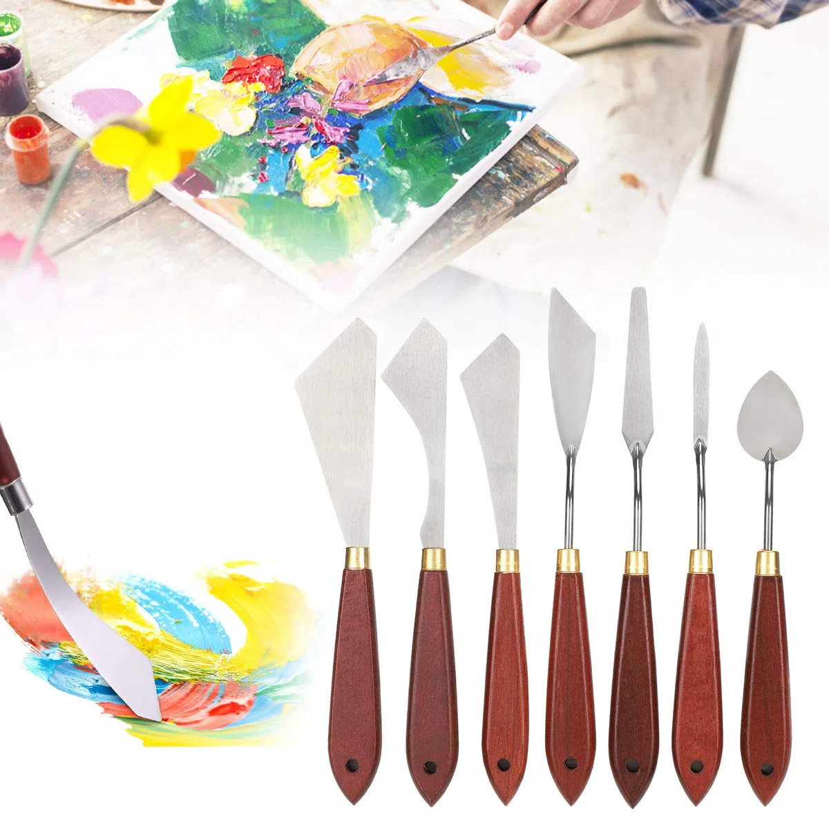 Fyearfly Edelstahl Palettenmesser, 7 Stück Malerei Messer Set Malerei Mischen Schaber, Malerei Kunst Spatel mit Holz Griff, Malerei Messer Werkzeuge für Aquarell, Ölgemälde, Gouache, Acrylmalerei