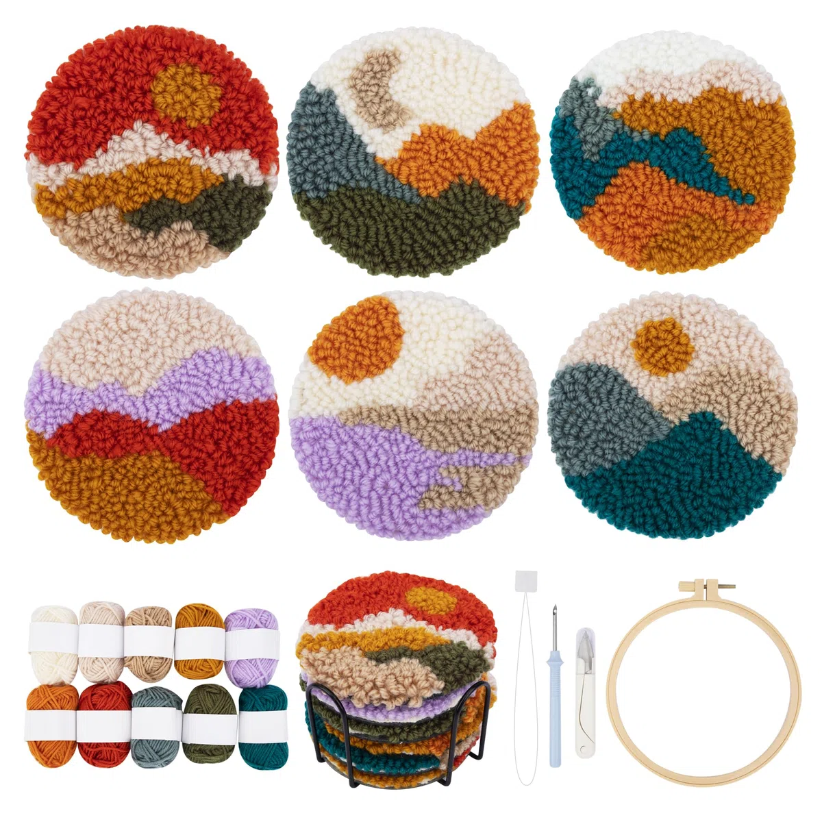 Temlum 6er Set Punch Needle Untersetzer Kit, Punch Needle DIY Set für Anfänger & Erwachsene - Inklusive Stanznadeltuch, Garne, Stickrahmen, Anleitung & Halter
