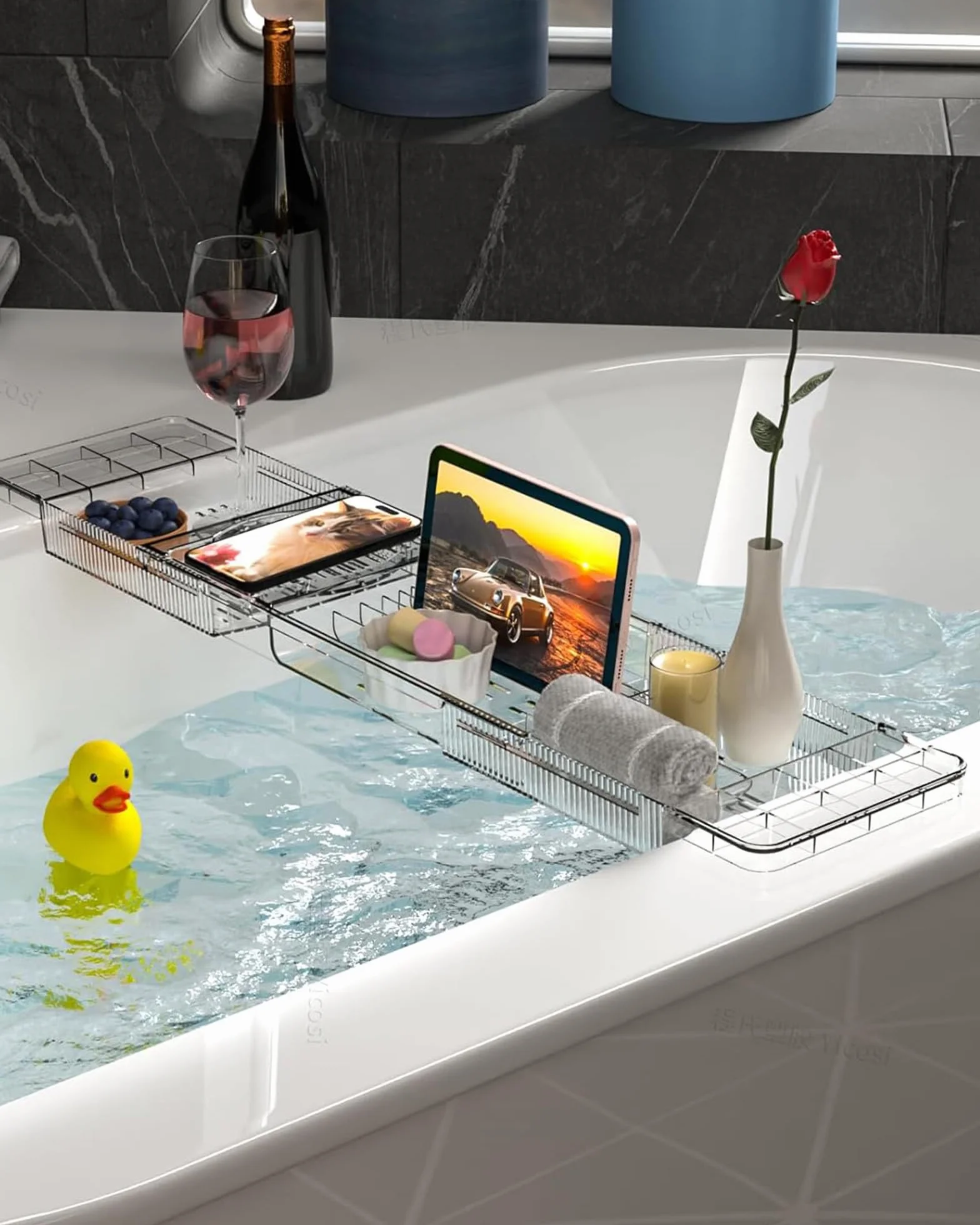 Badewannenablage aus Kunststoff, Verstellbares Badewannenbrett, Badewannentablett für Ipad und Bücher, Badewannen Ablagen, Badewanne Ablagebrett Geschenk für Frauen, Transparente Badewannen Zubehör