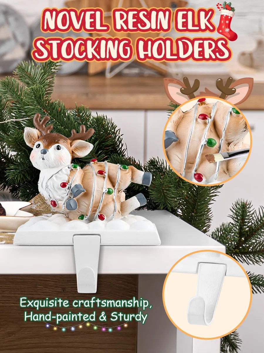 EBANKU Weihnachten Strumpfhalter für Kamin, 4 Arten Strumpf Kleiderbügel mit Weihnachten Elch Haken Muster, Mantel rutschfest stabilen Mantel Strumpf Haken für Weihnachten Home Decoration