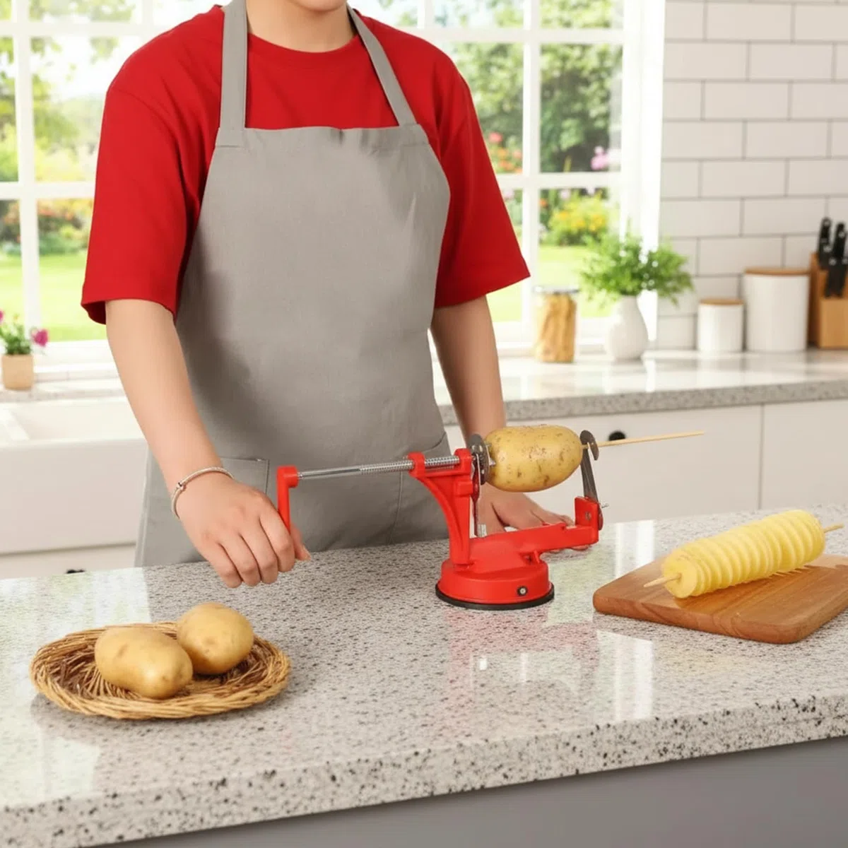 Manueller Kartoffelspiralenschneider,Edelstahl Spiralschneider Kartoffel,Spiralkartoffelschneider mit Rutschfester Griff für Obst Gemüse Tornado Chips Gurken Karotten,Rot