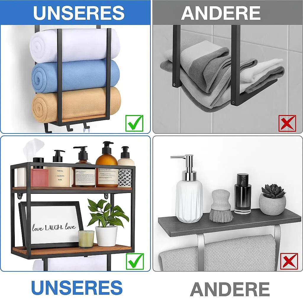 Handtuchregal zur Wandmontage mit 3 Haken–Große Kapazität, vielseitig einsetzbar, ideal für kleine Badezimmer, Hotel und Wellnessbereiche–Perfekte Handtuchaufbewahrung und Gästehandtuchhalter | Große Kapazität, Vielseitig einsetzbar, Ideal für kleine Bade