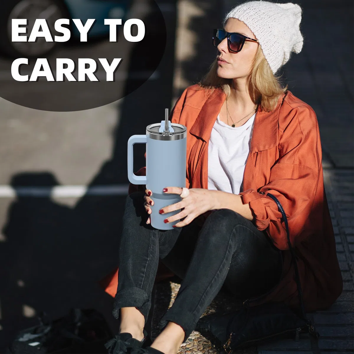 WATERSY 40oz Kaffeebecher to Go Thermobecher Doppelwandiger Edelstahl Vakuum Auslaufsicher Trinkbecher mit Griff und Strohhalm, Tragbare Autobecher Thermal Tumbler Smogblau für Kalte Heiße Getränke
