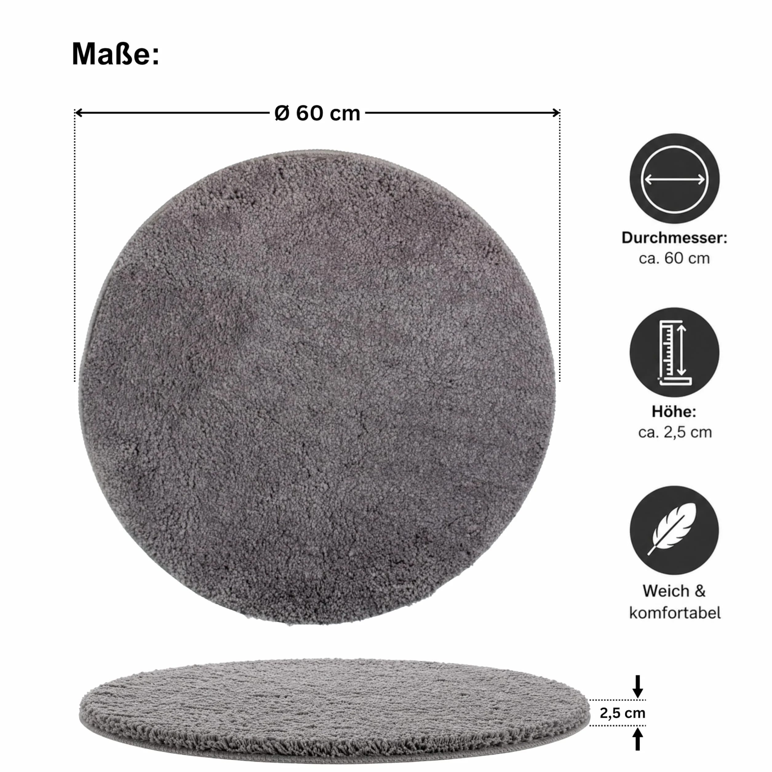 Brandsseller Badezimmerteppich Ø 60 cm Badvorleger Badematte Badteppich rund Chenille rutschfest saugstark maschinenwaschbar - Grau